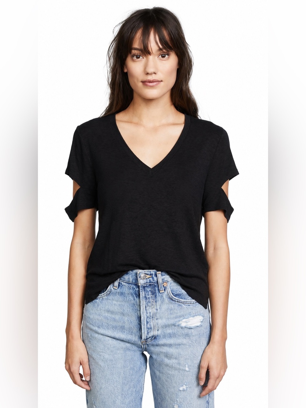 LNA Black V-Neck Tee with Sleeve Cutouts – Size Small